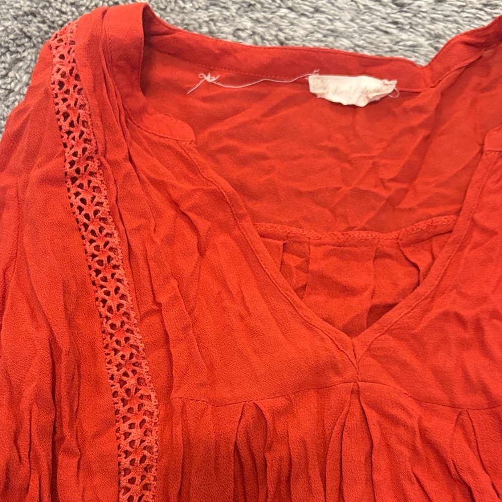 Altar'd State Coral-Red V-Neck Tunic with Crochet Trim